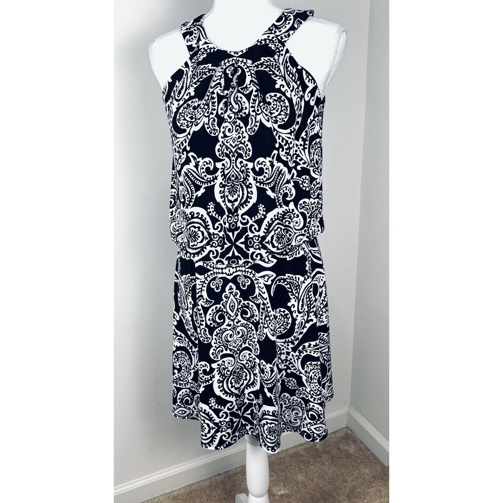 White House Black Market Paisley Keyhole High Neck Shift Dress Black White 4